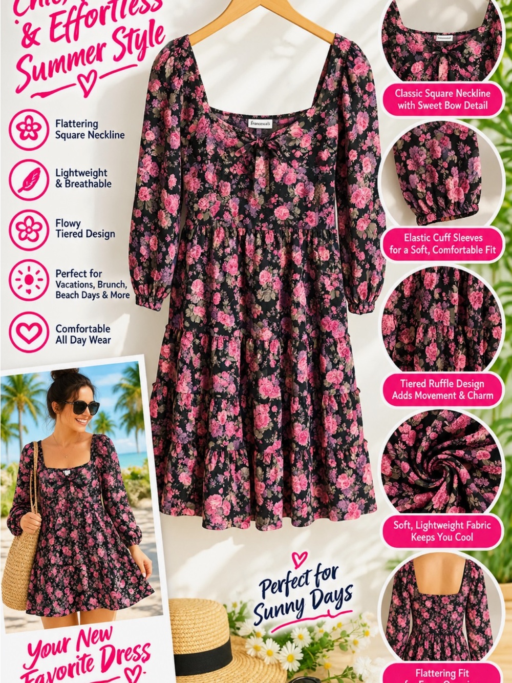Francesca's Collections Black and Pink Floral Tiered Dress